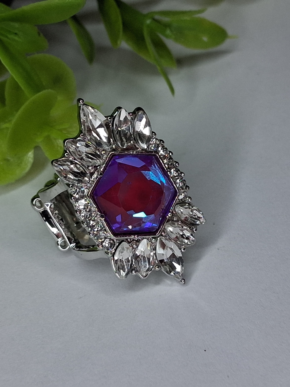 Purple And Pink UV Hexagonal Crystal Ring with Clear Accents